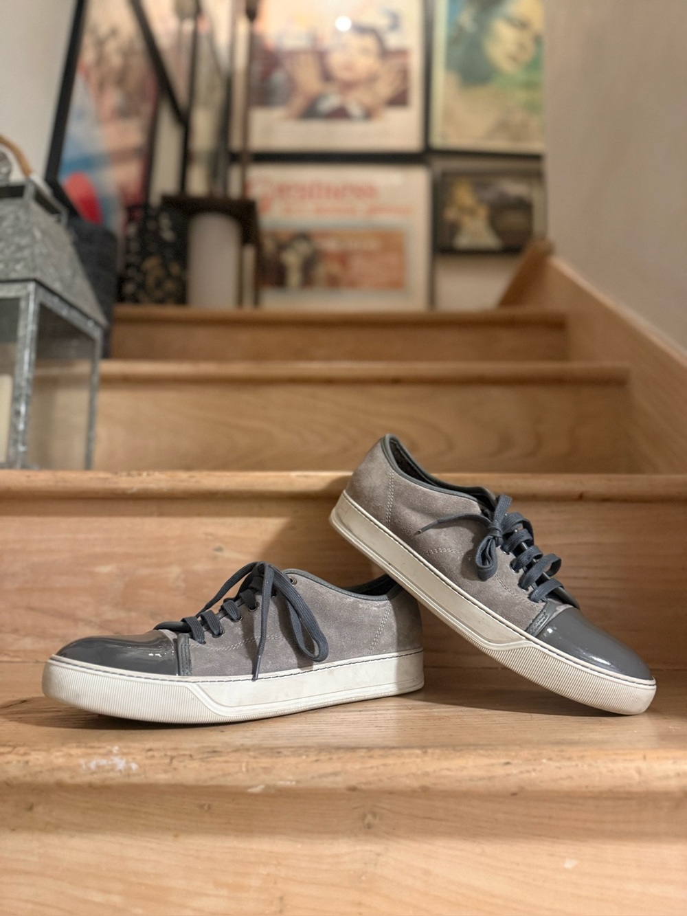 Lanvin Men’s Dbb-1 Patent Leather and Suede Sneakers (Gray, 38EU/8US)